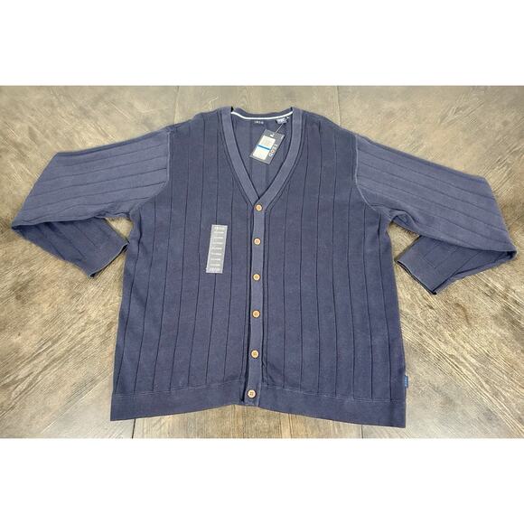 Brand New IZOD Sweater Men's XL Cardigan Grandpa Blue Ribbed 100% Cotton NWT - Picture 2 of 13